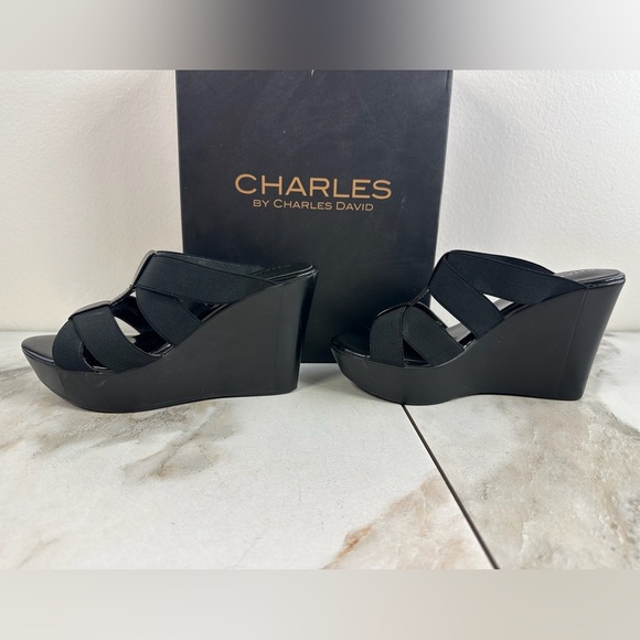 Charles by Charles David Farther Black Platform Wedge Sandals, Sz 6 - Picture 2 of 16